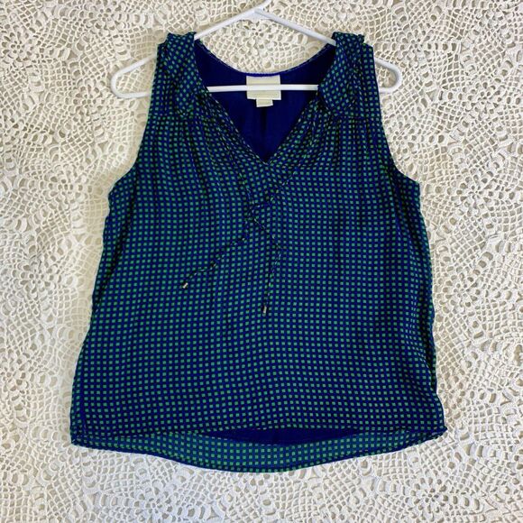 Maeve (M) Anderson Sleeveless Top Anthropologie Green Blue Checker Tie Ruffle - Picture 11 of 13